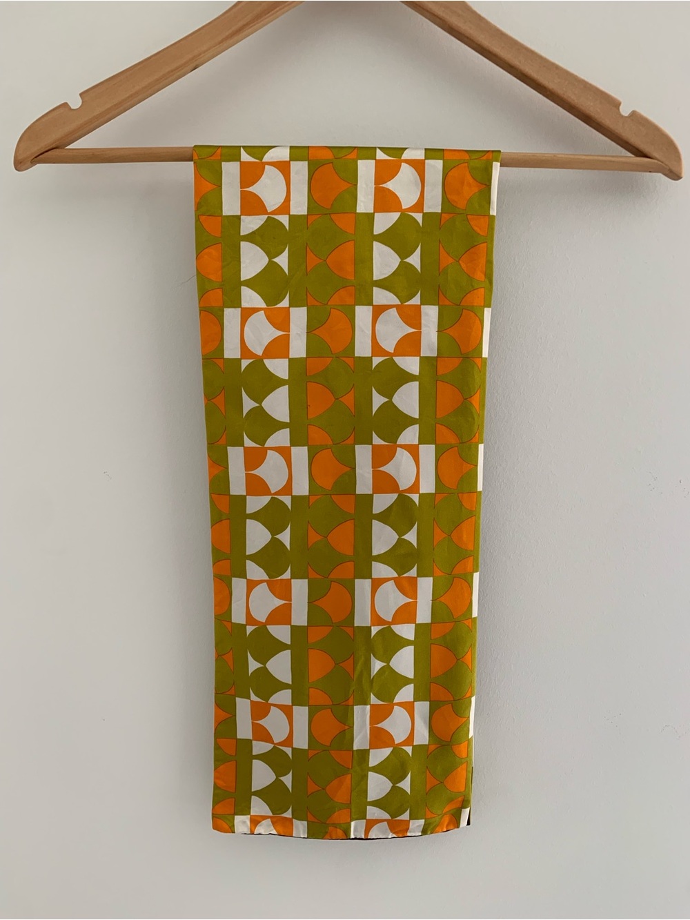 Vintage Prada Geometric Patterned Silk Scarf in Olive, Orange & White